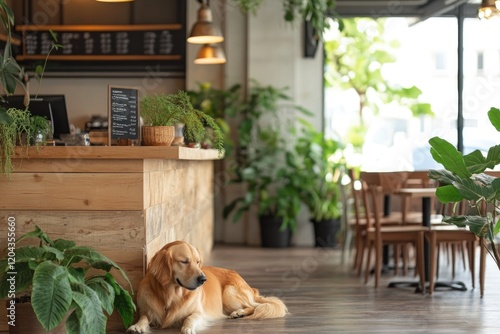 Cozy café interior featuring relaxed dog amidst lush greenery an