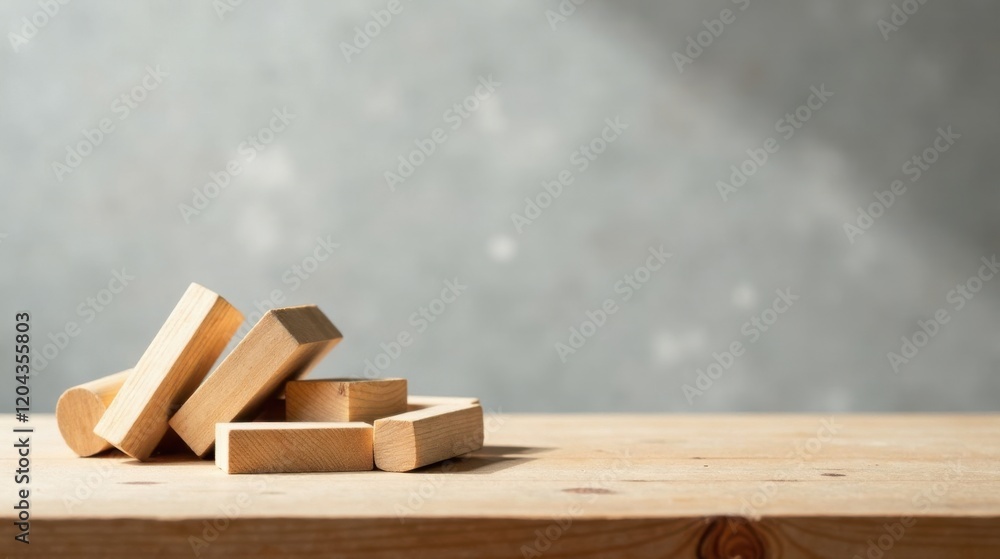 Wooden blocks arranged on a light brown surface against a neutral backdrop Wooden blocks arranged on a light brown surface against a neutral backdrop
