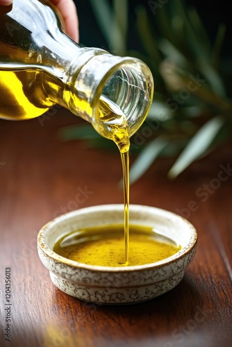 Golden oil cascades from bottle into rustic bowl, enhancing culi photo