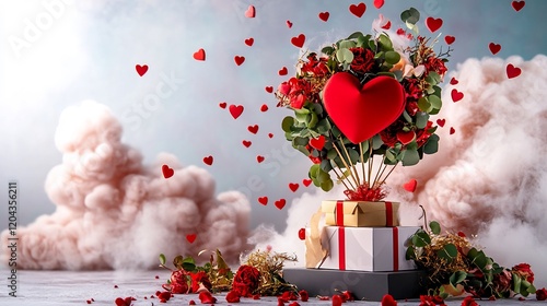 Romantic red heart blooms joyfully above gifts. AI Generated