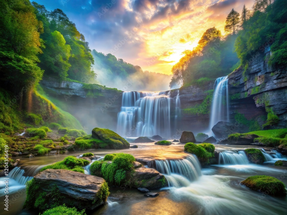 Fototapeta premium Tennessee's Burgess Falls veiled in fog, a dreamy double exposure captures the waterfall's magic.