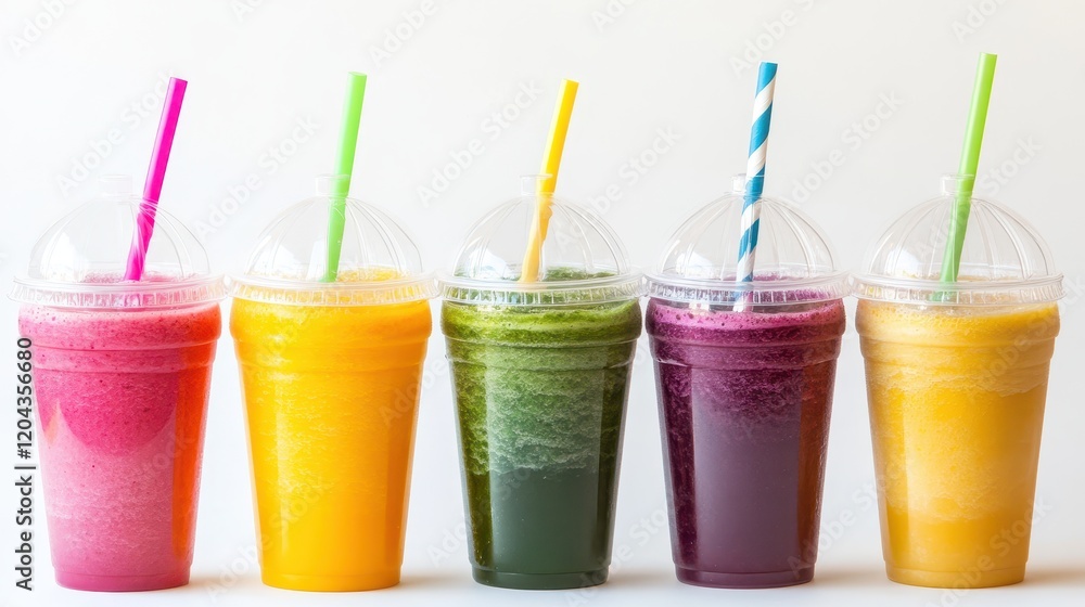 Various smoothies in plastic cups with striped straws isolated on white background Various smoothies in plastic cups with striped straws isolated on white background