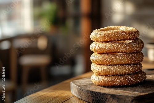 Stack of golden bagels with sesame seeds, softly illuminated by photo