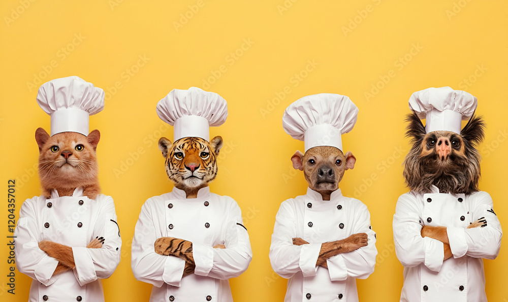 Culinary Critters, Four distinct animals proudly wearing unique chef hats, showcasing their playful personalities in a vibrant kitchen setting. Culinary Critters, Four distinct animals proudly wearing unique chef hats, showcasing their playful personalities in a vibrant kitchen setting.