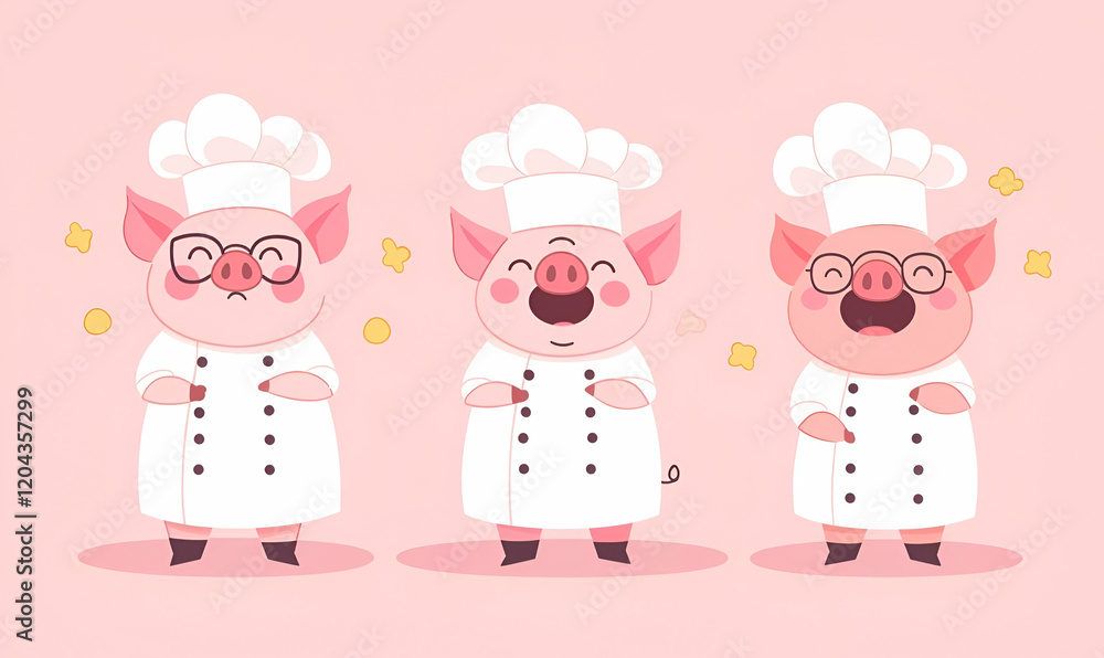 Culinary Capers, Four playful pigs in chef hats, each showcasing unique expressions, embodying a whimsical kitchen adventure. Culinary Capers, Four playful pigs in chef hats, each showcasing unique expressions, embodying a whimsical kitchen adventure.
