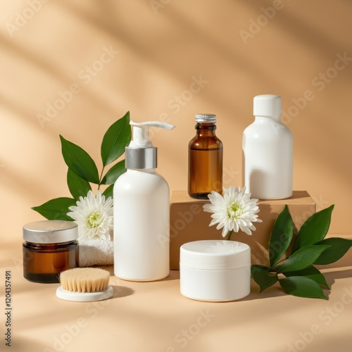 Natural skincare products, organic cosmetics, glass bottles, essential oils, green leaves, white flowers, cream jars, beige background, minimalist composition, spa elements, holistic beauty, eco-frien
