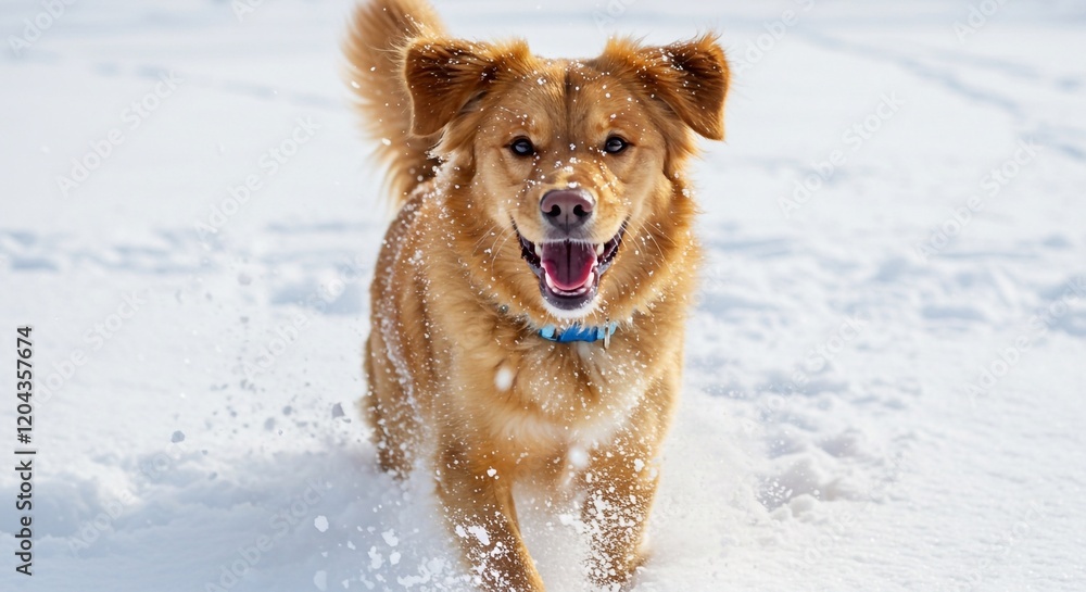 Portrait of a joyful dog running through the snow in winter Portrait of a joyful dog running through the snow in winter