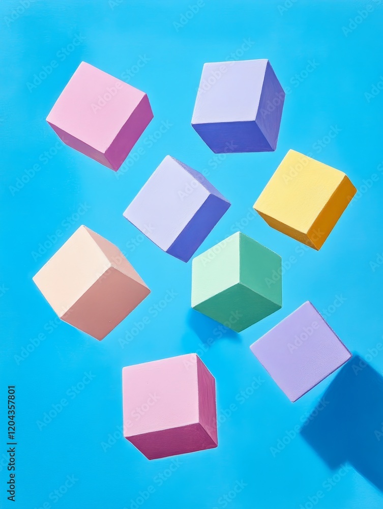 Pastel Cubes Falling on Blue - Eight pastel-colored cubes falling against a bright blue background, creating a playful and vibrant image. Pastel Cubes Falling on Blue - Eight pastel-colored cubes falling against a bright blue background, creating a playful and vibrant image.