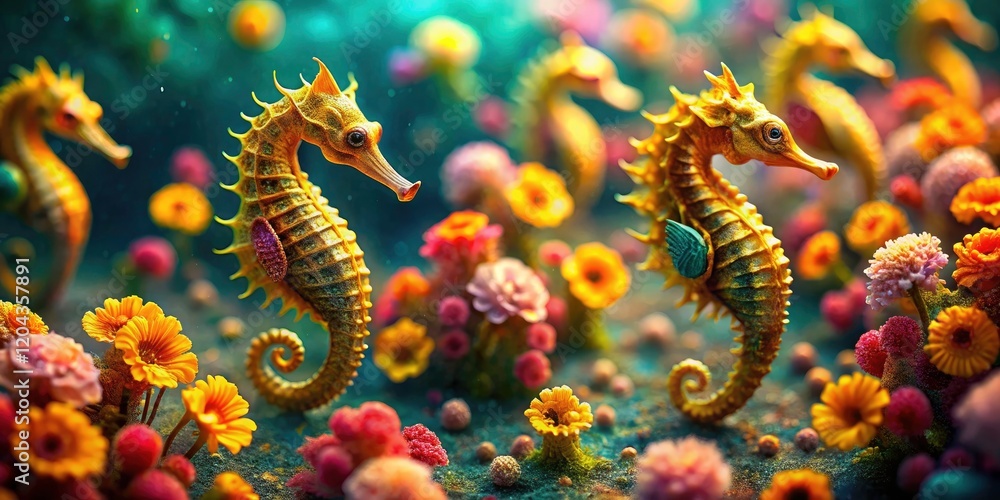 Tiny golden seahorse, a floral tilt-shift effect enhances this dreamy underwater macro photograph. Tiny golden seahorse, a floral tilt-shift effect enhances this dreamy underwater macro photograph.