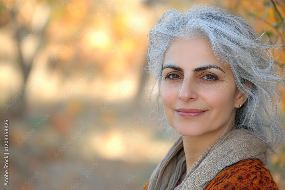 Warm autumn tones surround smiling woman with silver hair and se Warm autumn tones surround smiling woman with silver hair and se
