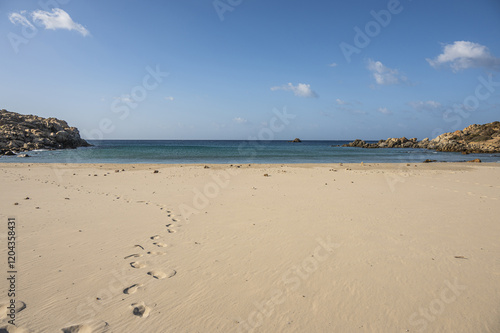 Obraz na płótnie The beautiful beach of Cala Cipolla in Chia in Sardinia, with white sand and transparent and turquoise water w salonie