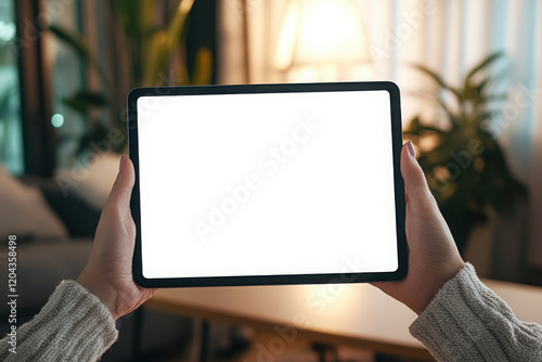 Mockup image of a woman holding digital tablet with blank desktop screen in cafe