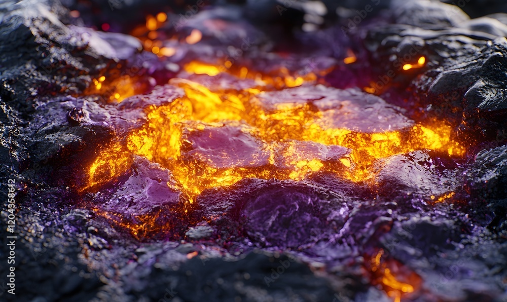 Molten lava flowing over dark volcanic rocks. Molten lava flowing over dark volcanic rocks.