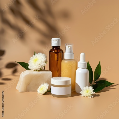 Natural skincare products, organic cosmetics, glass bottles, essential oils, green leaves, white flowers, cream jars, beige background, minimalist composition, spa elements, holistic beauty, eco-frien