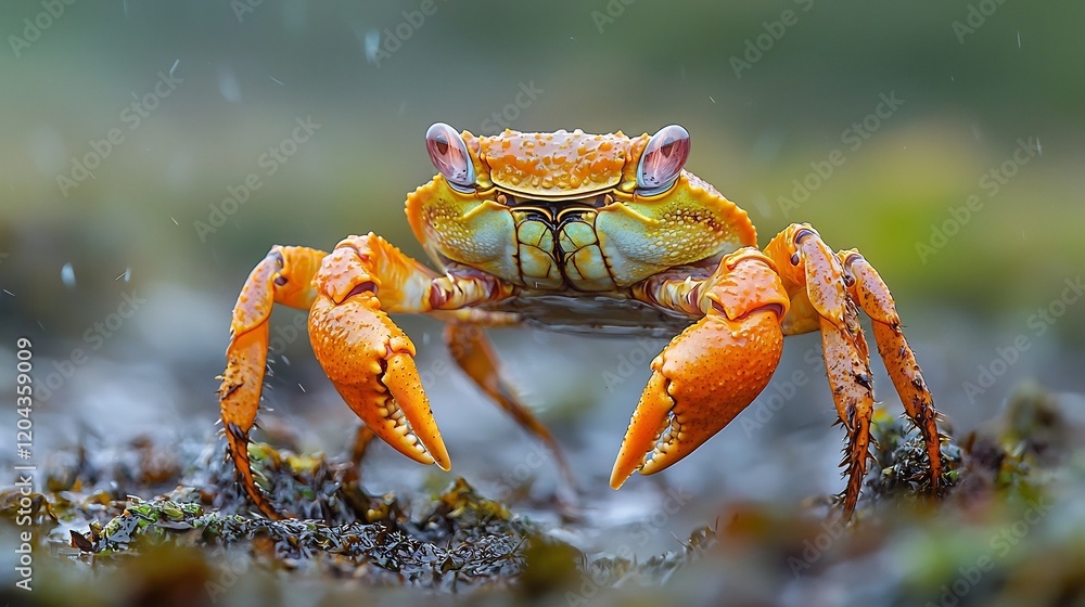 Vibrant Orange Crab Camouflaged in Moss-Covered Environment Vibrant Orange Crab Camouflaged in Moss-Covered Environment