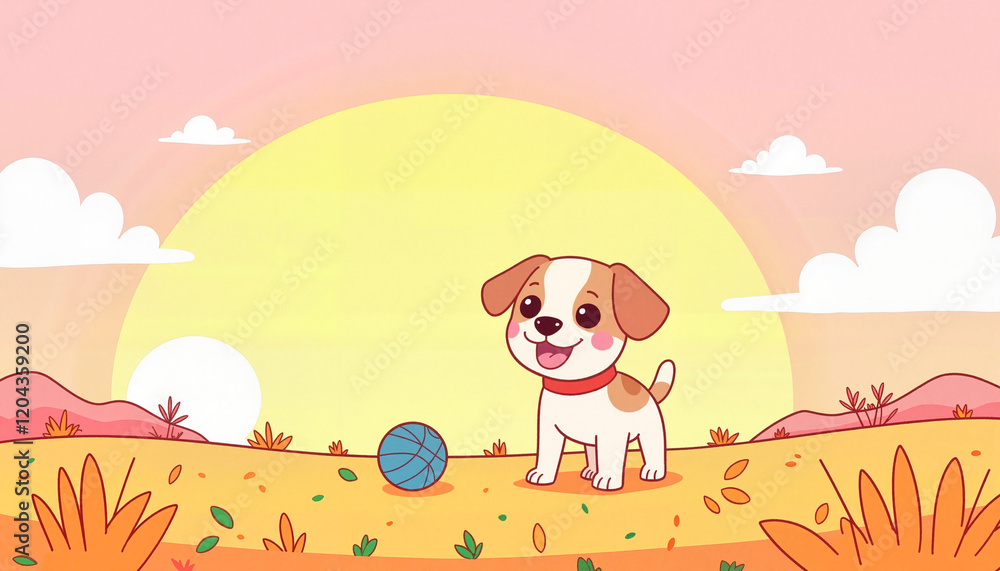 Fototapeta premium Excitable puppy playing with a blue ball at sunset, joyful energy