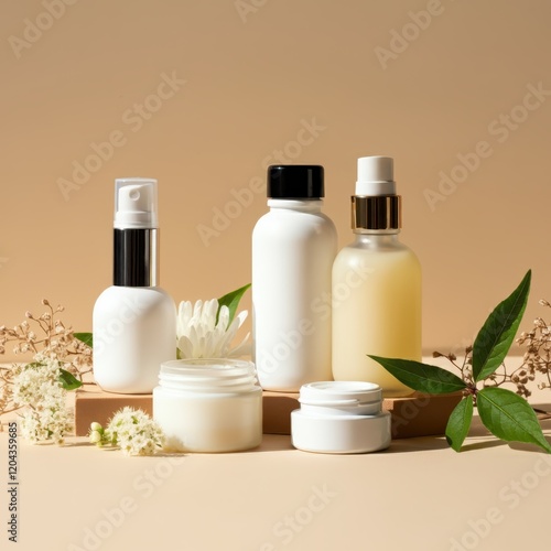 Natural skincare products, organic cosmetics, glass bottles, essential oils, green leaves, white flowers, cream jars, beige background, minimalist composition, spa elements, holistic beauty, eco-frien