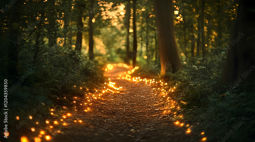 Magical forest path lit by glowing lights for a serene atmosphere Magical forest path lit by glowing lights for a serene atmosphere
