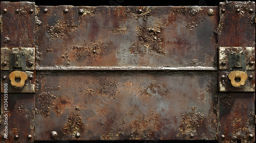 Old rusty metal door with security features like latches, a brass lock, and bolts, evoking durability and strength photo