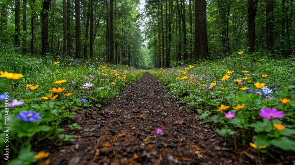 Fototapeta premium Forest path with wildflowers, nature trail, serene background, springtime hike, nature photography