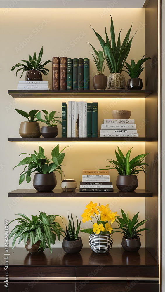 Fototapeta premium Stylish Home Decor Shelf with Books and Indoor Plants – Modern Interior Inspiration
