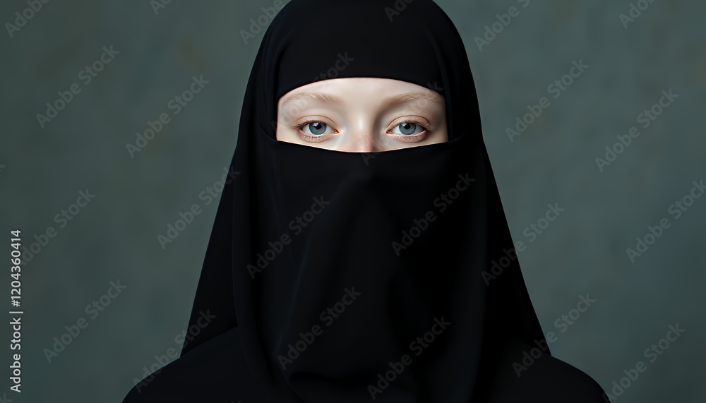 A Pensive Gaze A Close Up Portrait of a Woman Wearing a Black Niqab Against a Gray Background A Pensive Gaze A Close Up Portrait of a Woman Wearing a Black Niqab Against a Gray Background