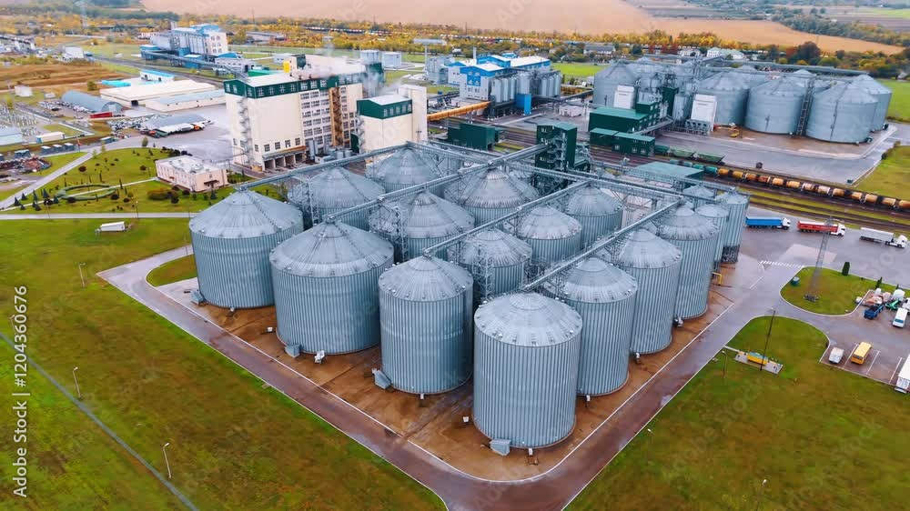 Territory of a large food industry with two complexes of metal tanks. Aerial perspective on the modern enterprise. Territory of a large food industry with two complexes of metal tanks. Aerial perspective on the modern enterprise.