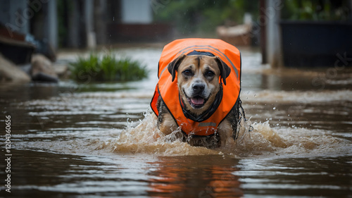 Dog in life vest wading through floodwaters.  A courageous canine navigating a flooded street. photo