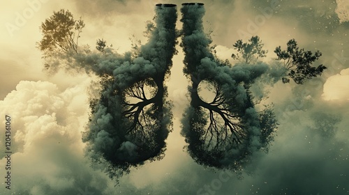 Surreal artwork depicting lungs made of smoke and trees, symbolizing environmental issues and the connection to nature. photo