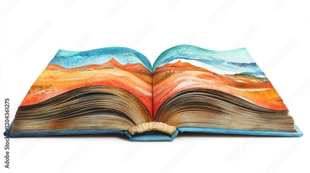 A magical book featuring visuals of Australian highlights like Lake Hillier, Shark Bay, and the Outback landscape appearing. Clean white backdrop. A magical book featuring visuals of Australian highlights like Lake Hillier, Shark Bay, and the Outback landscape appearing. Clean white backdrop.