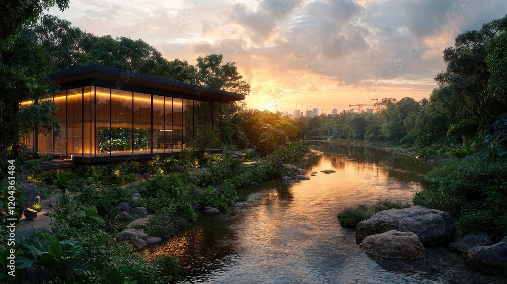 Fototapeta premium Sunset view of modern glass pavilion by river