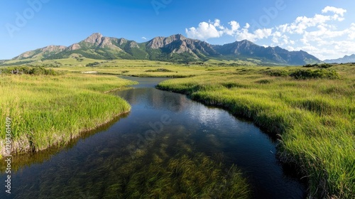 Serene mountain lake, grassy meadow, clear sky; nature background, travel poster