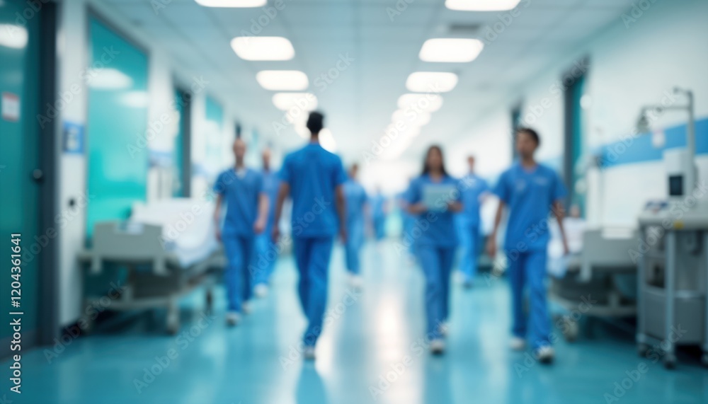 Fototapeta premium Medical staff members walk in hospital corridor. Doctors, nurses in blue uniforms moving through indoor hallway. Modern hospital interior with blurred background. Healthcare workers walking with