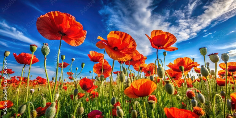 Obraz premium Wild poppies bloom, a breathtaking panorama under a deep blue sky.