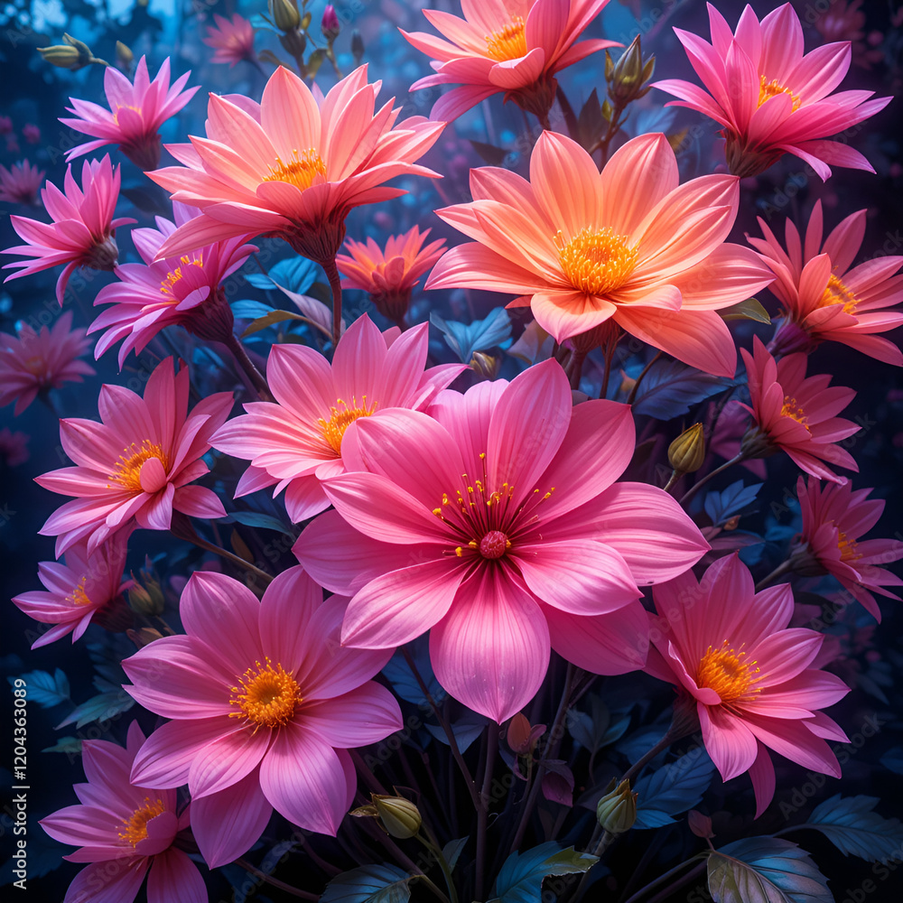 A bouquet of pink and orange flowers with yellow centers A bouquet of pink and orange flowers with yellow centers