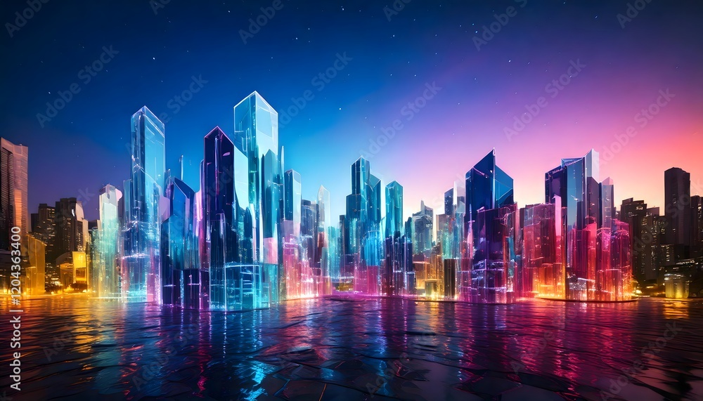Fototapeta premium Modern Skyscrapers Reflecting Colorful City Lights at Night