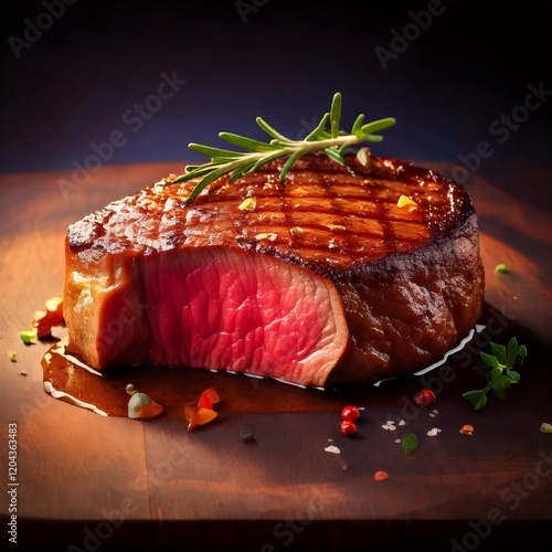 Grilled medium rare steak resting on wooden cutting board photo