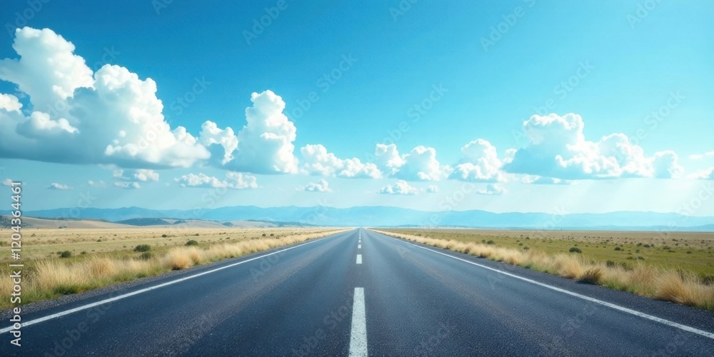 Naklejka premium Asphalt Road Stretching Towards a Distant Mountain Range Under a Bright Summer Sky with Fluffy White Clouds