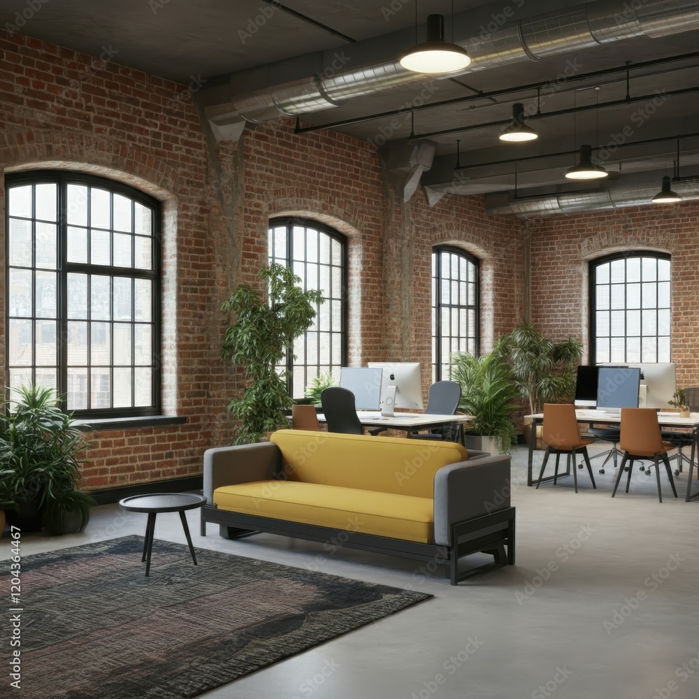Fototapeta premium Industrial loft office space, exposed brick walls, large windows, natural light, wooden beams, concrete floor, minimalist furniture, modern office desk, ergonomic chairs, indoor plants, pendant lighti