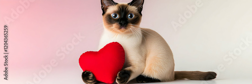 A Siamese cat sitting with a red heart pillow in its paws, looking shyly at the camera, isolated on a gradient white and pink background photo