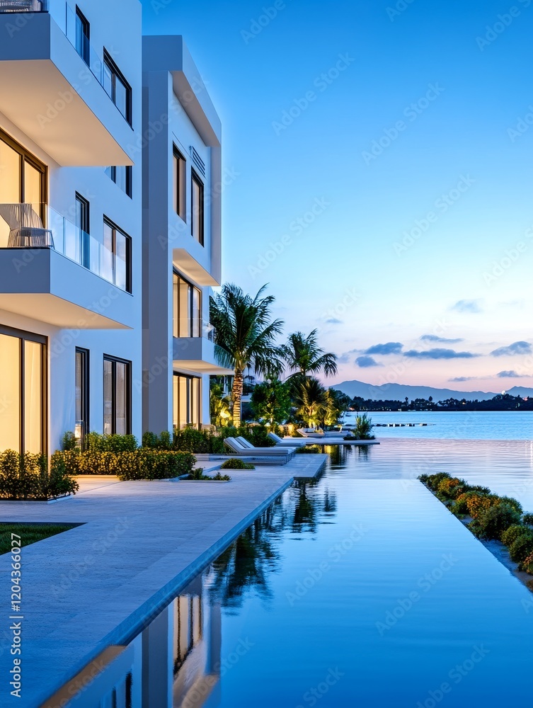 Fototapeta premium Waterfront Luxury Apartments - Modern apartments with infinity pool overlooking a tranquil waterfront at sunset. Luxurious living space with stunning views.
