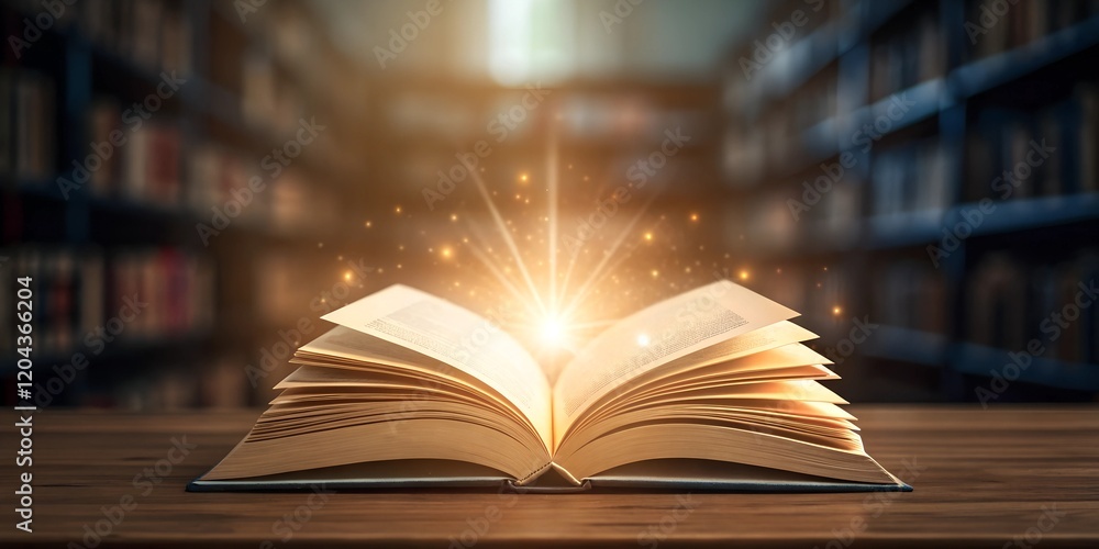 Obraz premium An open book with glowing light and sparkles emanating from its pages, placed on a wooden table in a cozy library, symbolizing the magic of knowledge and imagination.