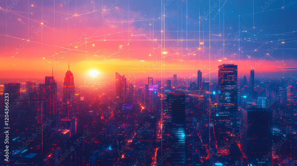 Fototapeta premium Generative ai illustration of megapolis with skyscrapers at sunset. Futuristic City. Illustration