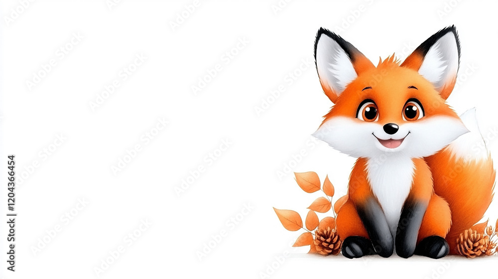 Fototapeta premium Cute Cartoon Fox Sitting With Autumn Leaves and Pinecones in a Cheerful Pose in a Bright, Simple Background