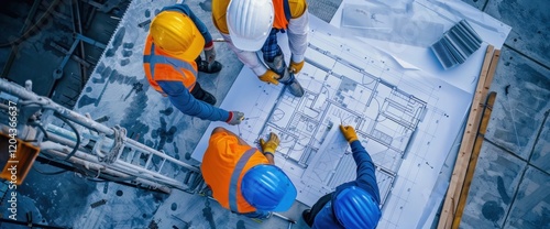 Workers review blueprints, construction site