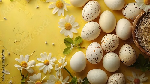 A top view of yellow colored surface decorated by white eggs and beautiful white flowers photo