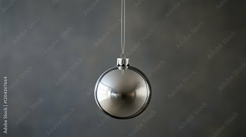 Single silver ornament hanging from a thin string for holiday or decorative use Single silver ornament hanging from a thin string for holiday or decorative use