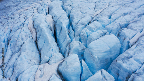 Beautiful and Stunning Aerial View of Unique Glacial Ice Formations and Crevasses Found in Nature
