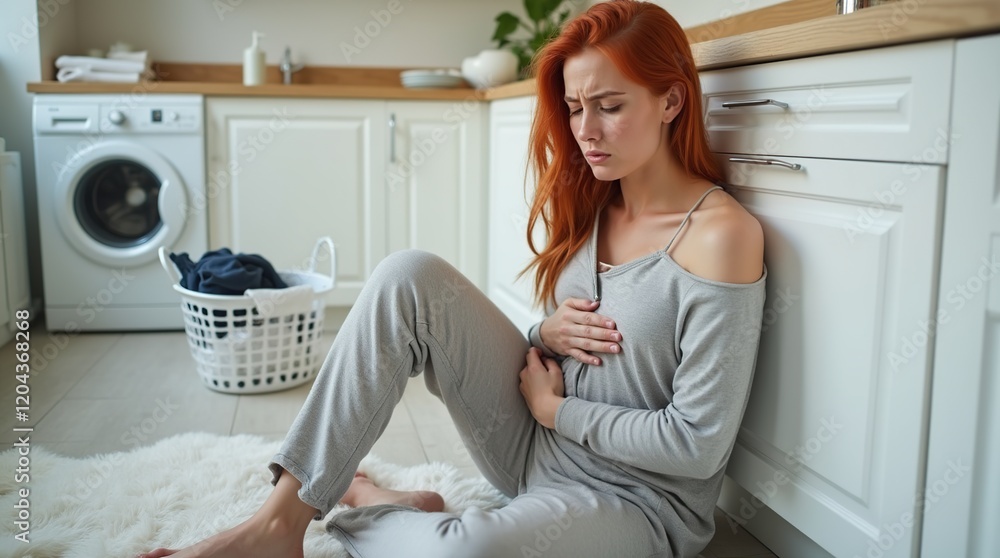 Young Woman Sitting on Floor in Laundry Room Appears in Discomfort Young Woman Sitting on Floor in Laundry Room Appears in Discomfort