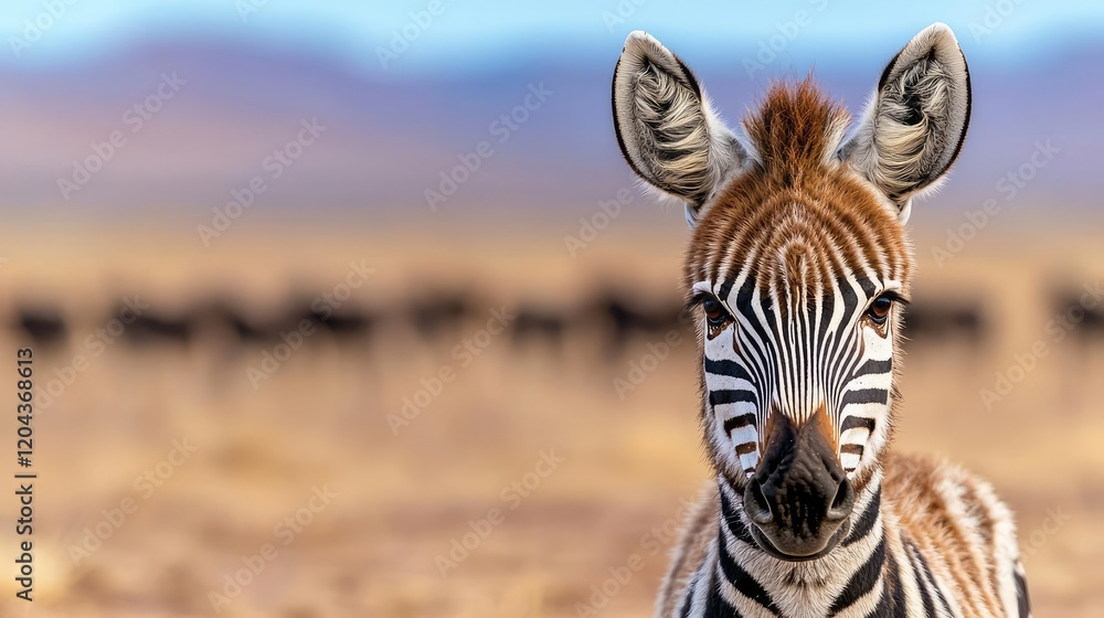 Fototapeta premium Young zebra portrait, African savanna, herd background, wildlife photography